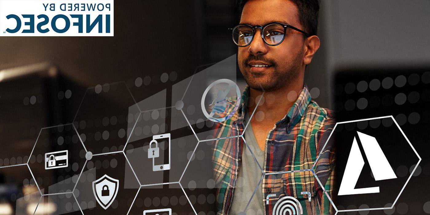 Young male with computer; in the foreground are images of padlocks and other symbols of IT security.